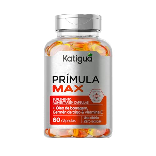 Prímula Max, Óleo de Borragem/Óleo de Germen de Trigo & Vitamina E, Sem sabor, Para mulheres, Katiguá, 60 Cápsulas de 1000mg, Laranja