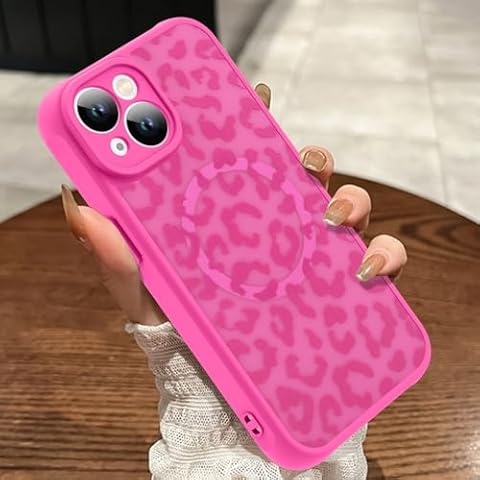 MOWIME Magnetic for iPhone 13 Case Leopard [Compatible with MagSafe] [Full Camera Protection] Cheetah Print Shockproof Slim Translucent Case for iPhone 13 6.1 Inch, Hot Pink Cover