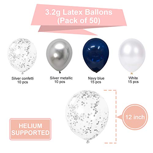 Navy Blue and Silver Confetti Balloons 50 pcs, 12 inch White Pearl and Silver Metallic Chrome Party Balloons for 2026 Graduation Party Decorations by Thomtery - Image 2