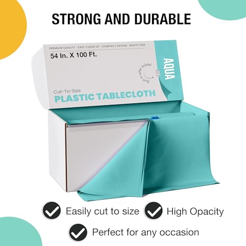 Image of Party Solids 54 Inch X 100 Feet Aqua Plastic Table Cover Roll in A Cut - to - Size Box with Convenient Slide Cutter. Cuts Up to 12 Rectangle 8 Feet Plastic Disposable Tablecloths