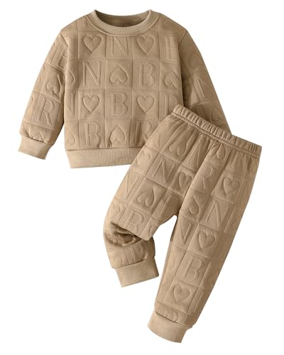 Jecson Toddler Baby Girl Clothes: Soft Warm Outfits Set Quilted Heart Pullover Sweatshirt & Jogger Pants Cute Fall Winter Home Out 12-18 Months Beige