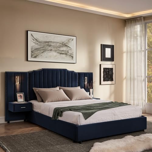 KALALLA Upholstered Queen Size Platform Bed with 2 Nightstand Built-in