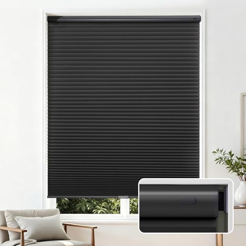 Image of Joydeco No Tools No Drill Cordless Cellular Shades, Light Filtering Honeycomb Blinds for Indoor Windows, Thermal Insulating & Noise Reducing (Black, 34" W x 64" H)