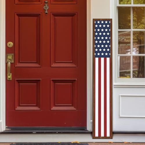 FairySandy Patriotic 4th of July Porch Sign Outdoor Memorial Day Front Door Decorations Rustic Red White Blue Vertical Wooden Star Sign Independence Day USA Decor for Front Porch Wall Outside