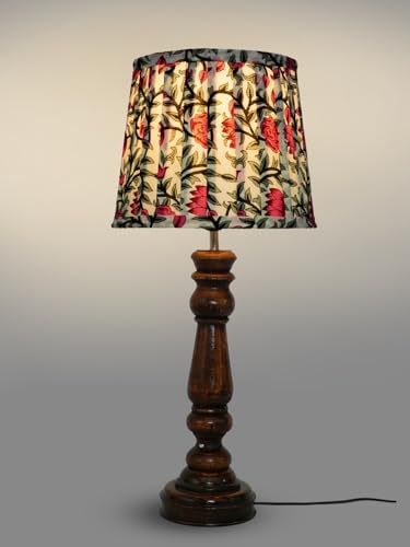 Image of Green Girgit Classic Wooden Lamp in Walnut Brown Color with Pleeted Multiolor Pink Rose Shade, Vintage Wooden Table Lamp with Floral Print Shade, Decorative Light for Bedroom (LED Bulb Included)