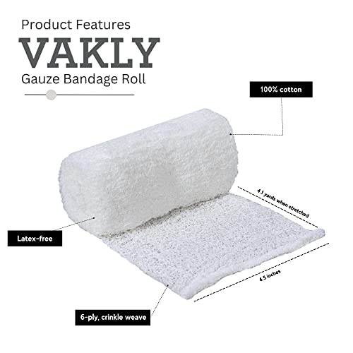 Sterile Krinkle Kerlix Type Gauze Bandage Rolls [Pack Of 5] Highly Absorbent Fluff 100% Cotton Bandages Roll 4.5"X4.1Yds 6-Ply - Individually Wrapped Mesh Gauzes + 1 Roll Of Vakly Medical Tape #TOP1