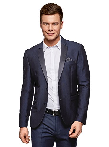 oodji Ultra Hombre Chaqueta Entallada con Solapas de Raso, Azul, 52