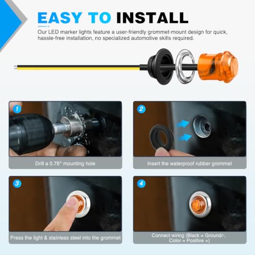 Image of Nilight 3 /4 inch Round Marker Lights 20PCS Amber Side Bullet Clearance Light | 304 Stainless Steel Bezel with IP68 Waterproof Hardwired Bright LEDs and 2 Wire Design for 12V Trailers Trucks Campers Boats