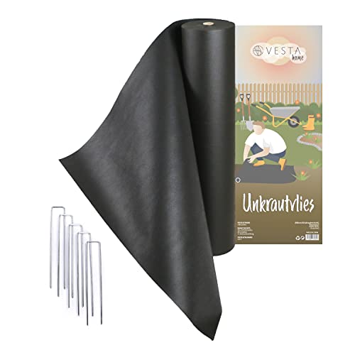 VESTAhome Unkrautvlies (200g/m² - 50 x 1 m) Gartenvlies Rolle gegen Unkraut - Unkrautfolie wasserdurchlässig & extrem reißfest - inkl. 60 Erdanker
