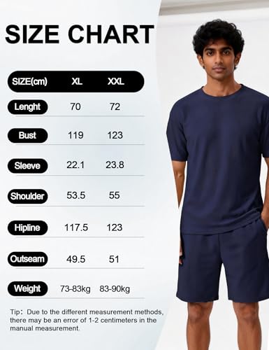 Image of Venzina Men's Waffle-Knit T-Shirt & Shorts Set Breathable Stretchable Lounge Wear Loose Fit Night Suit for Home, Travel
