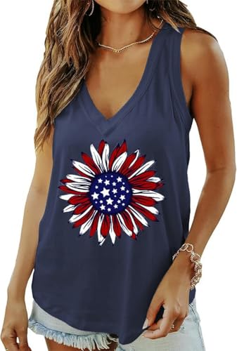 Butovek Women American Flag Sun Flower Deep-V Neck Tank Top 4th of July Sleeveless Summer Top Patriotic Graphic Tee(L,Navy03)