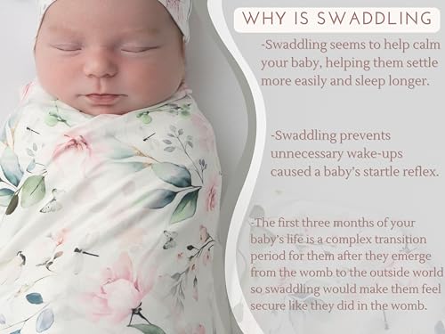 Image of Baby Receiving Blanket Swaddle Blanket Infant Wrap with Matching Headband Beanie and Name Card (Pink and Grey)