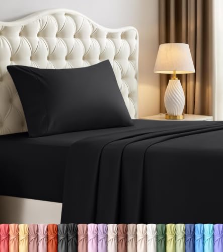 Image of Twin Size Sheet Set - 3 Piece Bed Sheets, Soft and Breathable Microfiber, Includes 1 Fitted Sheet, 1 Flat Sheet and 1 Pillowcase - Oeko Tex (Black)