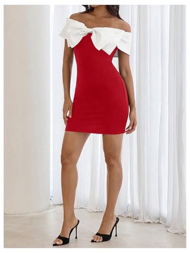 Image of Floerns Women's Off Shoulder Short Sleeve Mini Dress Bow Front Bodycon Dresses