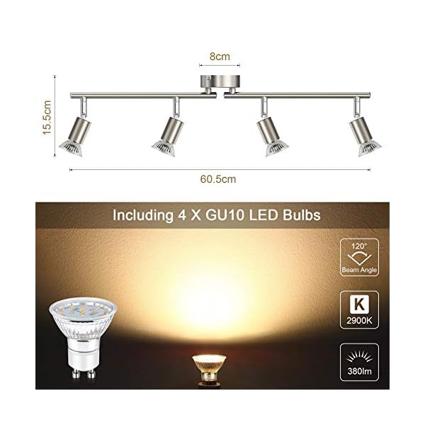 Defurhome LED Ceiling Light Rotatable 4-Bulb LED Spotlight Ceiling Light Spotlight Modern Ceiling Spotlight for Kitchen, Living Room, Bedroom, Includes 4 x 3.5 W GU10 LED Bulbs (380 LM, Warm White) - Image 8