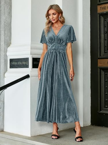 Image of Simplee Women's V Neck Velvet Maxi Dress Short Sleeve Empire Waist Long Formal Dress for Wedding Guest
