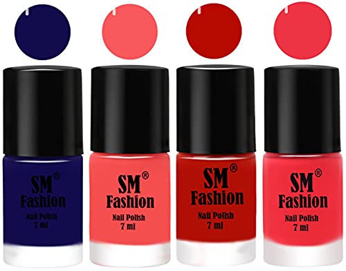 Image of Nail Polish Combo Set (Pack of 4) Quick Dry Gel Finish Nail Paint | Dark Blue,Light Pink,Red Orange,Rose Pink | 7 ml Each