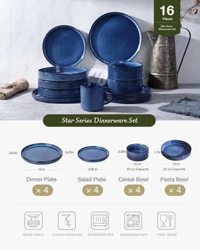 Image of Famiware Star 16-Piece Stoneware Dinnerware Set, Service for 4 - Shallow Pasta Bowls & Flat Plates, Modern Rustic Reactive Glaze Dishes, Chip /Scratch Resistant, Microwave /Dishwasher Safe, Nebulas Blue