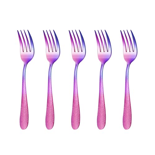 Image of 6.7 inch Rainbow Hammered Salad Forks | Set of 5 Durable Stainless Steel Fruit Forks | Mirror Polished Silverware for Home, Restaurants, and Gift Giving