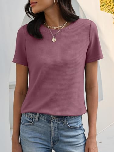 Image of ANRABESS Womens Waffle Knit Tops Short Sleeve Crewneck Shirts Curved Hem Summer Dressy Casual Blouses Spring Fashion Clothing