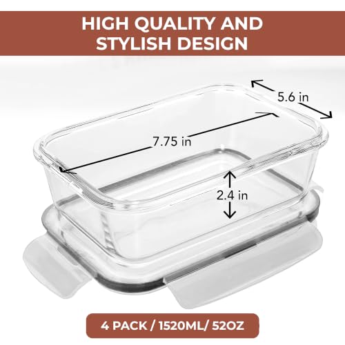 Image of Razab 6.5 Cups / 52 Oz 4 Piece (2 Containers + 2 Lids) Glass Food Storage Containers Set with Airtight Locking Lids - For Storing, Baking & Serving BPA Free, Leakproof - Microwave, Freezer & Oven Safe