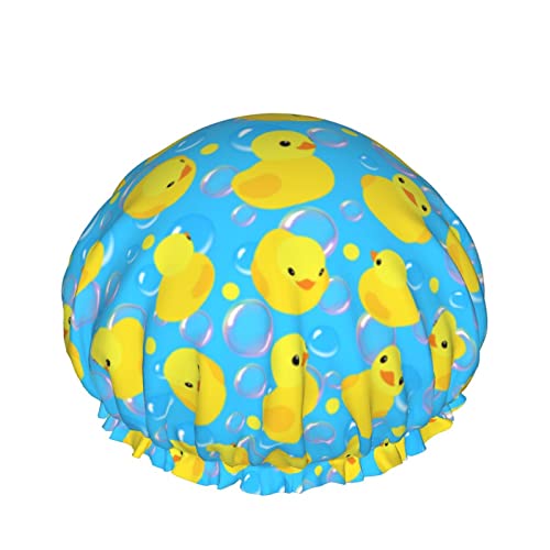 Image of Yellow Rubber Ducks Shower Cap For Women Adjustable Double Waterproof Layers Bathing Shower Hat Hair Protection Reusable Ladies Spa Salon Shower Hat