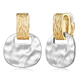 MUYAN Two Tone Clip On Drop Earrings for Women Hammering Finish Non Piercing Clip Earrings Jewelry