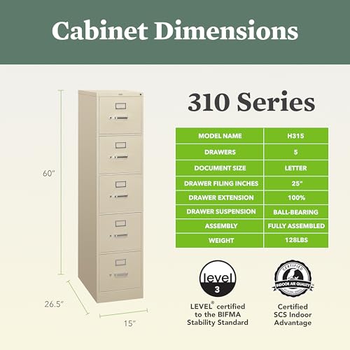 Image of HON 5 Drawer Vertical File Cabinet with Lock, Metal Filing Cabinets with 5 Drawer Letter File for Offices, Hanging Files, and Vertical Letters, 26.5 inch Deep, Putty
