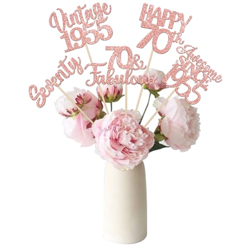 Image of 15 PCS 70th Birthday Centerpiece Sticks Seventy Glitter Happy 70th Vintage 1955 Table Flower Centerpieces Sticks Cheers to 70 Fabulous Floral Decorations for 70th Birthday Party Supplies Rose Gold