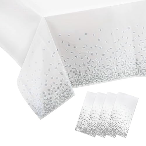 Pmueuff 4 Stück Einweg Tischdecke, 137 x 274 cm Silber Dot Tischdecke Geburtstag Kunststoff Wasserabweisend Tischdecke Rechteckig Tischtuch für Party, Geburtstag, Hochzeit, Weihnachten