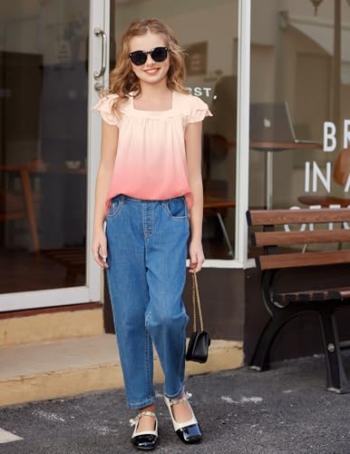 Image of Arshiner Girls Shirts Short Sleeve Square Neck Summer Lace Openwork Pleated Tops Blouse Tunic