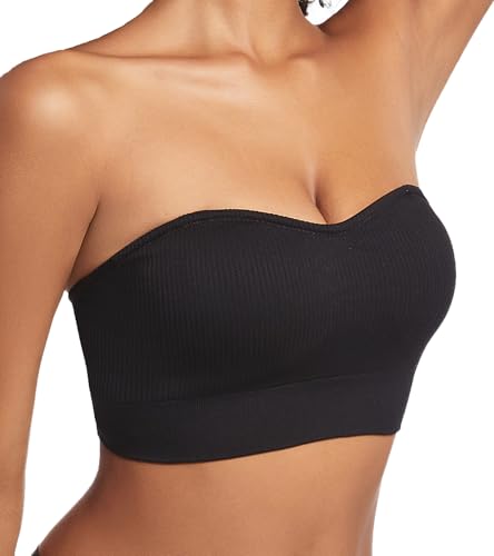 Image of PRETTYWELL Strapless Bra for Women Ribbed Seamless Non-Slip Comfort Padded Wireless Bandeau Bras Wireless Tube Top Bra