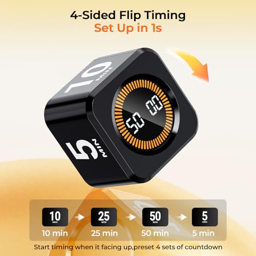 Image of EooCoo Rotating Pomodoro Timer Visual 5 /25 /10 /50 Min Presets, ADHD Tool Cube Countdown Stopwatch, High /Low Volume /Mute Modes, Desk Productivity Flip Timer for Study, Work, Kitchen