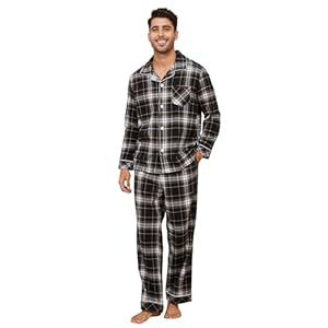 Vulcanodon Herren Pyjama Set Baumwolle karriert, Schlafanzug Herren weicher Druck Pyjamas für Männer, leichte warme Pyjamas mit Taschen (Schwarz Gelb kariert, L)