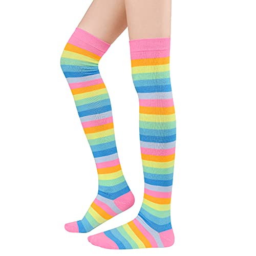 Image of American Trends Womens Rainbow Socks Striped Knee High Socks Thigh High Stockings Casual Tube Socks Costume Leg Warmers