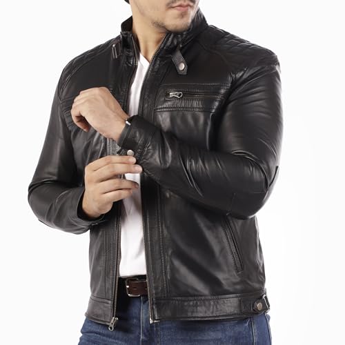 Image of Jild Signature Diamond Style Lambskin Leather Jacket Men - Premium Leather Cafe Racer Vintage Look Motorcycle Jacket Men