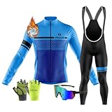 Ropa Ciclismo Otoño/Invierno/Primavera para Hombre Ciclismo Acolchado Maillot MTB de Manga Larga y Culotte Pantalones Acolchado 9D＋Gafas de ciclismo Guantes (XL,TYP-5)