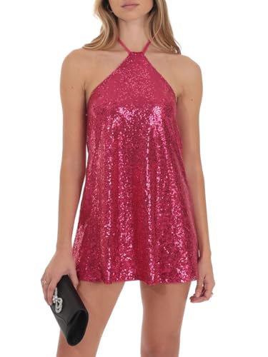 hibshaby Women's Glitter Sequin Dress Halter Neck Party Cocktail Sparkly Mini Dress Clubwear3