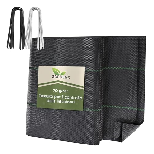 GARDENIX Tessuto Non Tessuto per Erbacce con 50 Ancore, 11 m² (1,1 m x 10 m), permeabile all'Acqua, 70 g/m², Nero, Resistente ai Raggi UV, Protezione dalle Erbacce, Tessuto sottoscocca