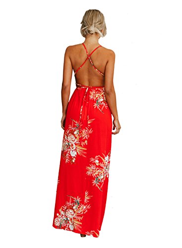 Fflmyuhul I U Women's Strap Floral Print Lace Up Backless Deep V Neck Sexy Split Beach Maxi Dress #TOP1