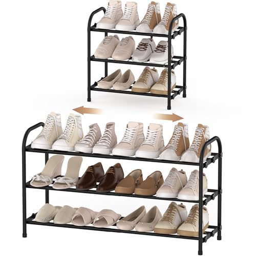 Anhow Zapatero de 3 Niveles Extensible, Zapatero de Metal para 12 a 15 Pares de Zapatos Estantería de Zapatos Ideal para Entrada, Pasillo, Armario, Baño, Sala de Estar y Exterior, Negro