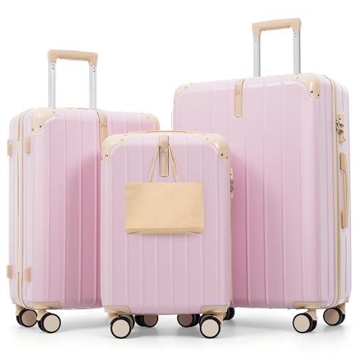Image of Hardshell Luggage Sets, Lightweight Stripes Suitcases with Spinner Wheels, Pink