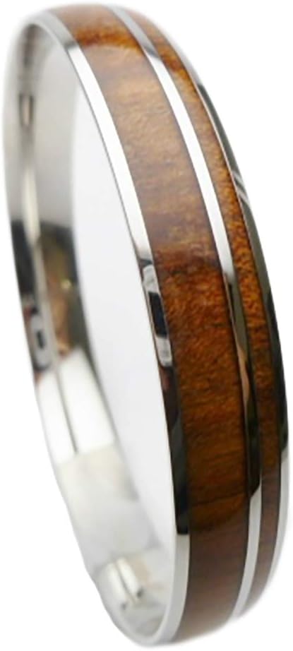 316L Stainless Steel Comfort Fit Natural Hawaii Koa Wood Inlay With Stripe Hawaiian Curved Top Bangle Bracelet (Width: 8mm, 10mm, 12mm) (Size: 7.5", 8", 8.5")