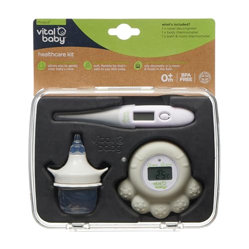 Vital Baby PROTECT Healthcare Kit for Baby - 3pcs Room and Bath Thermometer, Nasal Aspirator, Body Digital Thermometer – Essential Newborn Baby Health and Safety