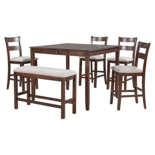Tiiiopkvvv ?Dining Table Set for 6, Compact Dining Furniture Set, 1 Counter Height Square Table with Drawer, 4 Upholstered Chairs and 1 Bench, Small Space Dining Table Chairs Combo, Walnut (Walnut) - Image 4