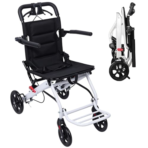 Image of Transport Wheelchair Lightweight Foldable(18lbs), Transport Chair, Carbon Steel Portable Wheelchairs with 16 Inches Seat Width, 8 inch Rear Tires, Handbrake