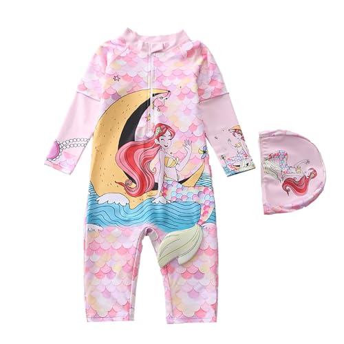 Traje de baño de una Pieza para niñas, Traje de baño de Sirena de Manga Larga, protección UV, Verano, Playa, Traje de baño con Cremallera, para niños de 4 a 9 años