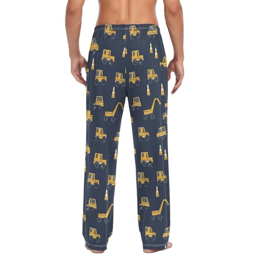 Men’s Yellow Trucks Pajama Pants with Pockets, Comfortable Lounge Sleep Bottoms#7812