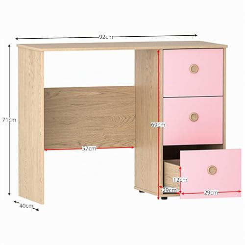 Miniatura 2 de Junior Vida Neptune - Escritorio De 3 Cajones Para Ordenador O Portátil, Estación De Trabajo Para Estudio En Casa, Muebles Para Niños Rosa Y Roble