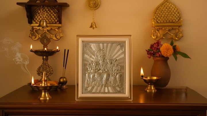 Image of Silver 999 Shiva Parvati with Ganesh and kartikeya ji Photo Frame for Car Dashboard - Shiv Parivar Photo Frame for Home, Office, Living Room, Puja Room, Return Gifts- 11x9x4 CM